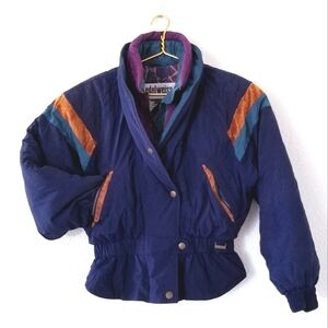EDELWEISS SKIEWEAR Vintage 80s Retro Blue Santa Fe Style Puffer Jacket